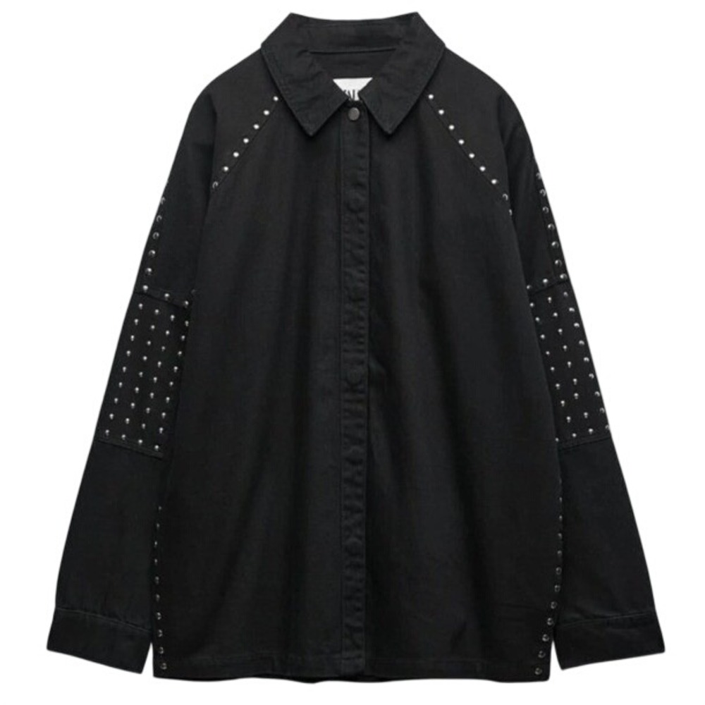 Zara Studded Denim Shirt Jacket Small Oversized  NWT Edgy Overshirt Punk Rock
